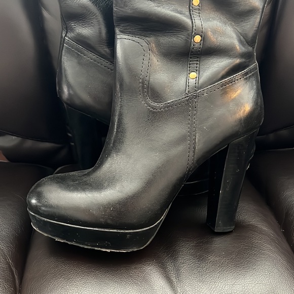 Tory burch black leather logo platform knee high boots pre-own zips fine no box - Picture 2 of 8